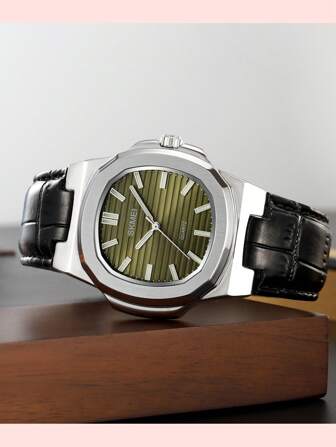  SKMEI 2512 奢华品质皮革表带手表商务男士时钟方形石英男士防水腕表