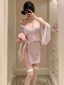 Japanese Style Pajamas Set, 5-Piece Set (Bra + Top + Skirt + Waist Cover + T-Pants), Side-Opening Pajamas Yukata, Elegant Flower 3-Piece Underwear And Hakama, Cute Sexy Pajamas Set, Suitable For Weight 45 Kg-63 Kg (Stockings Are Not Included In The Set) - 粉色 - 查看 1