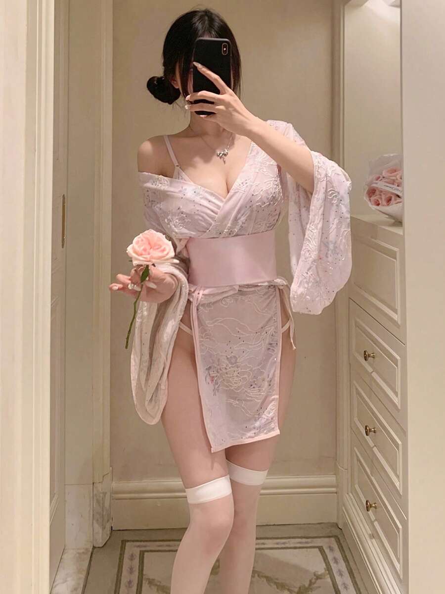 Japanese Style Pajamas Set, 5-Piece Set (Bra + Top + Skirt + Waist Cover + T-Pants), Side-Opening Pajamas Yukata, Elegant Flower 3-Piece Underwear And Hakama, Cute Sexy Pajamas Set, Suitable For Weight 45 Kg-63 Kg (Stockings Are Not Included In The Set) - 粉色 - 查看 1