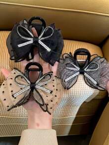 1pc Women's Shiny Bow Polka Dot Mesh Scrunchie Hair Claw Clip, Elegant Flower Hair Claw For Bun Hair Accessories Autumn Accessories