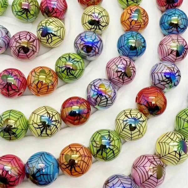 5/10/15 piezas Cuentas redondas de acrílico de colores de 16 mm con diseño de telaraña de Halloween, con orificio recto, perfectas para manualidades DIY y accesorios de temática oscura