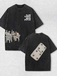 230g Double-Sided Washed, Play Together Printed T-Shirt, High-Quality Wax Printed Cotton Retro Fashion Brand T-Shirt, Men's T-Shirt, Beach Essential, Summer T-Shirt, Holiday Gift, Perfect Gift - màu đen - Xem 1