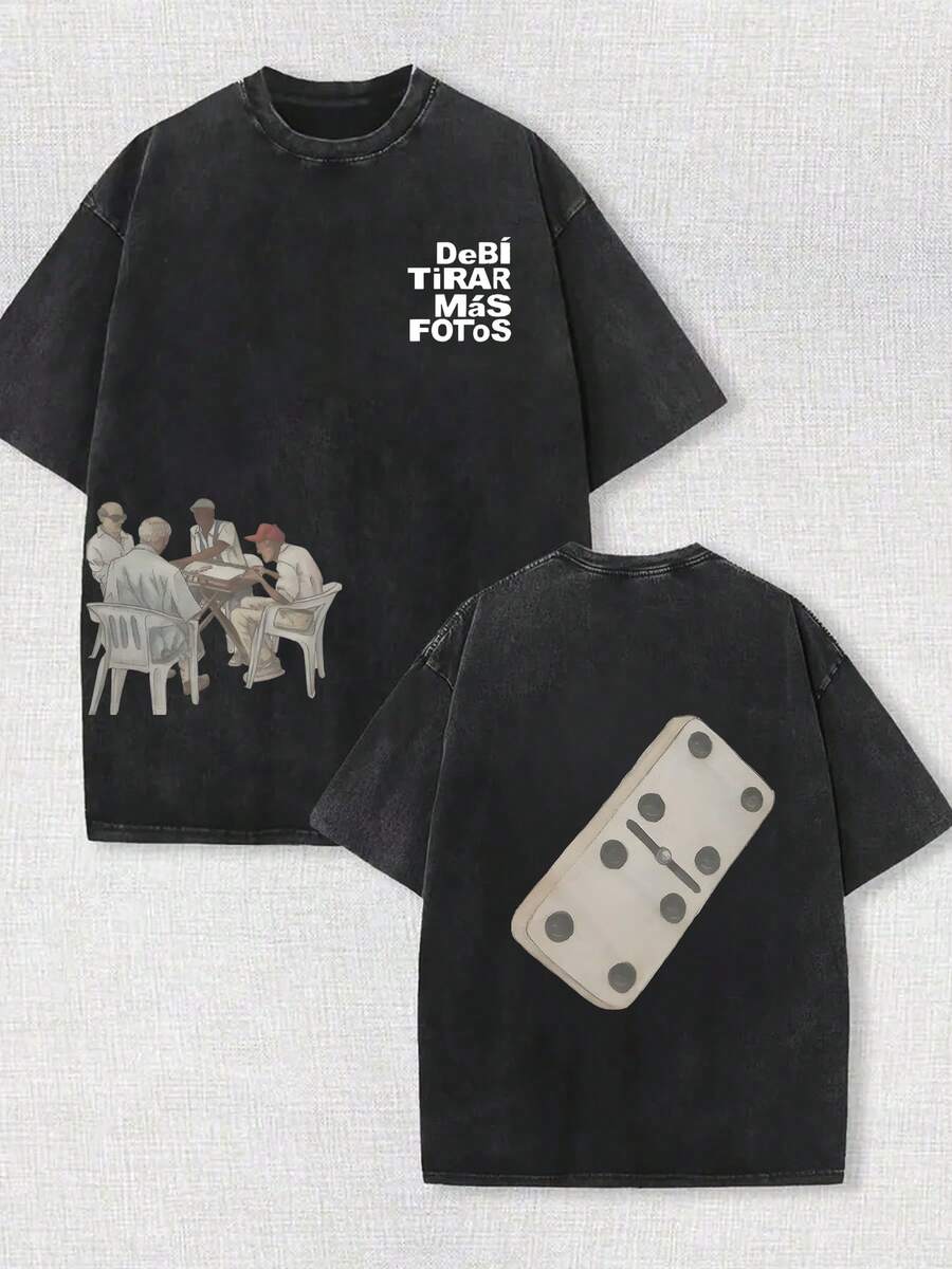 230g Double-Sided Washed, Play Together Printed T-Shirt, High-Quality Wax Printed Cotton Retro Fashion Brand T-Shirt, Men's T-Shirt, Beach Essential, Summer T-Shirt, Holiday Gift, Perfect Gift - màu đen - Xem 1