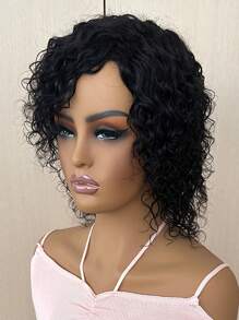 100% 巴西水波真人发假发自然黑色短卷发精灵短发真人发假发全机器制作适合所有种族