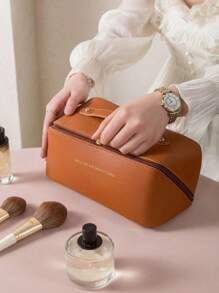 1 geantă de machiaj, geantă cosmetică din piele PU impermeabilă, geantă de toaletă portabilă, organizator de machiaj cu strat dublu de mare capacitate