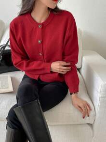 Cárdigan informal con botones de color sólido para mujer, suéter corto de manga linterna retro de otoño e invierno, adecuado para ocasiones diarias en primavera y otoño. - Rojo - Ver 7