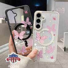 Phone Compatible With Samsung Galaxy S25 Ultra S24 Plus S23 FE S22 Pink Butterfly Reverie Phone Case Pattern Anti-Scratch Shockproof Pocket-Friendly Durable Magnetic Case With Charging Cellphone Cover Gift - 黑色 - 查看 4