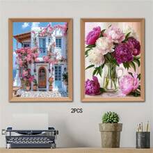 1pc 5D Diamond Painting Set, Flower House Landscape Art, Round Diamond Art Frameless, DIY Home Decoration, Suitable For Various Wall Decorations And Desktop Placement, A Perfect Holiday Gift,No Frame, Multiple Sizes To Choose From