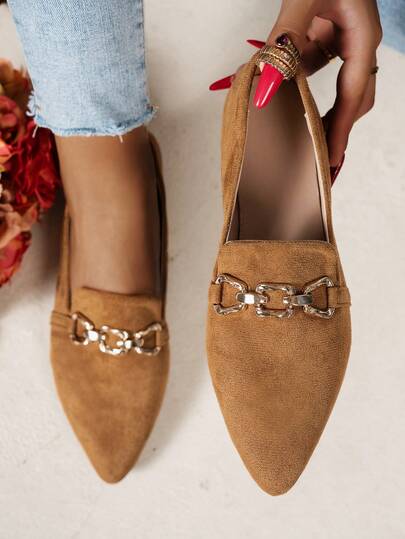 Women's Elegant Pointed Toe Flats, Minimalist Fashion Casual Shoes, Gold Chain Decor Plus Size, Comfortable Non-Slip, Suitable For Indoor And Outdoor Occasions