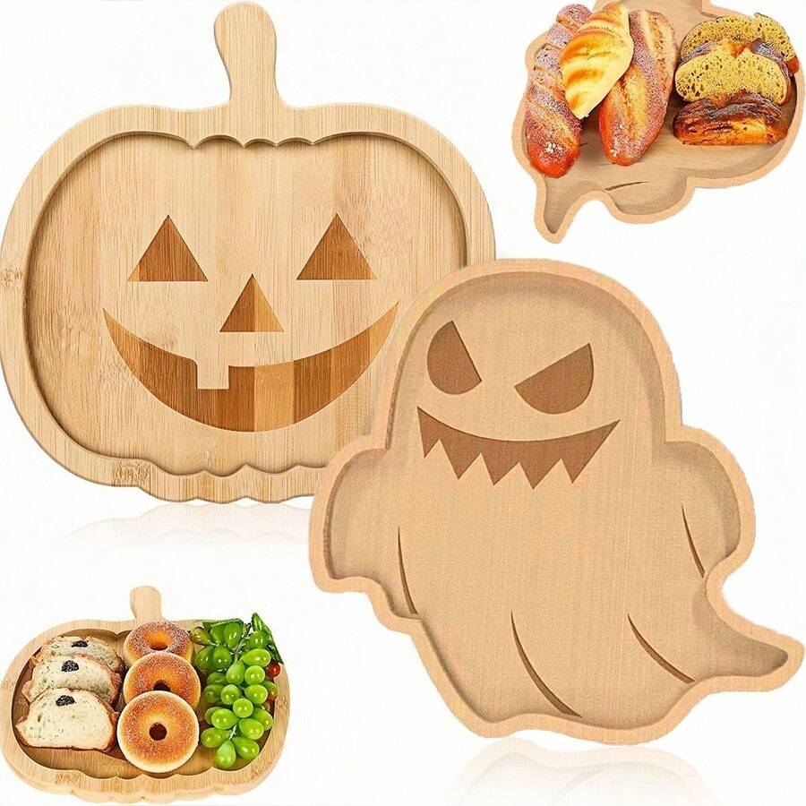 1/2/6Pcs Halloween Theme Wooden Apparition Tray, Pumpkin Tray, Cake Snack Snack Nut Tray,Halloween Serving Trays, Dessert Pumpkin Apparition Candy Snack Plates,Trick Or Treat For Party, Snack Plate Supplies For Appetizer Lunch Dinner Dessert, Holiday Party Table Centerpiece, Kitchen Supplies