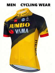 Jumbo Visma Men's Summer Cycling Short Sleeve Zip-Up Lightweight Cycling Jersey, Suitable For Triathlon And Road Cycling, With Pockets, Yellow And Black Color, Outdoor Sportswear, Energetic Top | Vibrant Graphic Top | Zip-Up Jersey - Yellow - View 2
