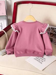 Young Girl Casual Sweet Floral Embroidery Sweatshirt: Sweet Floral Embroidery Sweatshirt In Pink&Purple, Ruffled Lace Sleeves, Suitable For School, Weekends, And Transforms Girls Into Sweet Style, Autumn/Winter - Red Violet - View 2