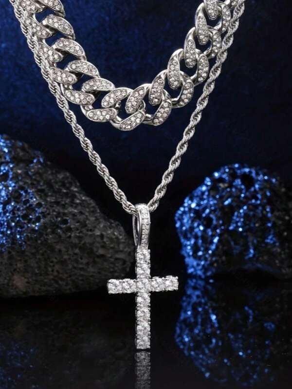 3 paquetes de collares de acero inoxidable con cruz de aleación de zinc y cadena cubana de aleación de zinc. Collares para niñas y niños