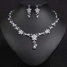 3pcs Copper Material, Platinum Plated, Fashion, Luxury, Flower Shaped Earrings, Necklace, Jewelry Set, Suitable For Women, Bridesmaids, Daily, Festivals, Banquets, Parties, Jewelry Gift Set