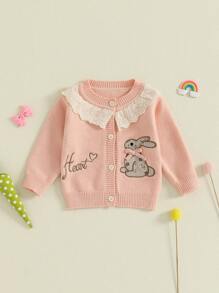 Baby Girl Cardigan, Long Sleeve Button Closure Embroidery Rabbit Winter Warm Knit Sweater Infant Clothes - Pink - View 1