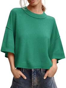 Womens Short Sleeve Sweater Summer Oversized Cropped Sweaters Casual Crewneck Lightweight Knit Tops - màu xanh lá - Xem 1