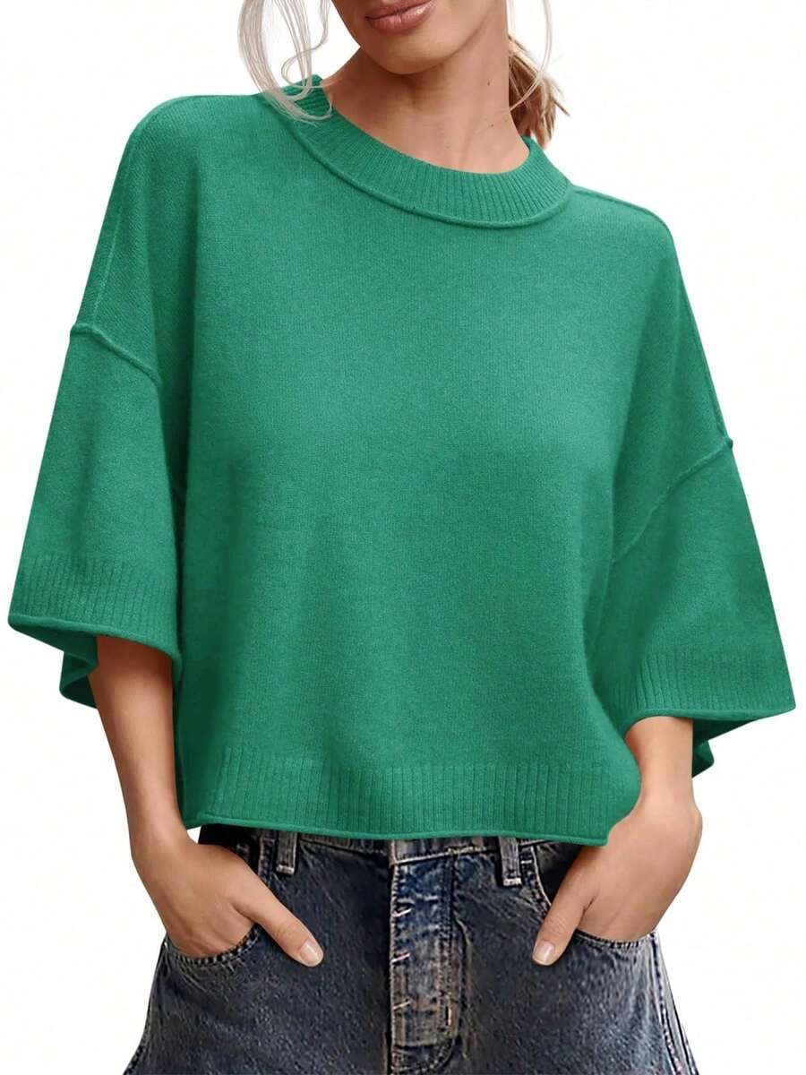 Womens Short Sleeve Sweater Summer Oversized Cropped Sweaters Casual Crewneck Lightweight Knit Tops - màu xanh lá - Xem 1