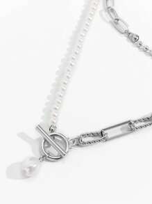 1pc Fashionable Silver Long Beaded Chain Necklace, Vintage Pearl Clasp Personalized Necklace