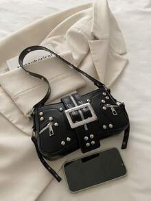 Fashion Rivet Women's Shoulder Bag, Underarm Bag, Crescent Bag, Belt Clip Motorcycle Bag - Black - View 7