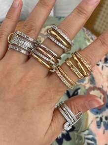 1 件优雅奢华的铜镀 18k 金锆石闪亮钻石别针多环戒指女士，派对宴会婚礼庆典节日派对日常佩戴，婚礼季节重型多环戒指女士珠宝