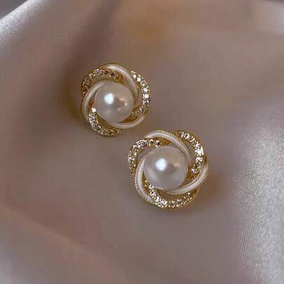 1 Pair Fashionable Minimalist Pearl Stud Earrings For Women, Sweet & Elegant Crystal Embellished Earrings
