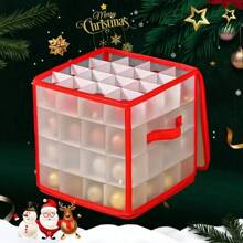 1pc Christmas Decoration Storage Box With 64 Compartments, Zipper Snowflake Christmas Ball Storage Container, Small Trinket Decoration Organizer Box, Vinyl Decorative Plastic Box With Handle, Christmas Storage Box And Organizer