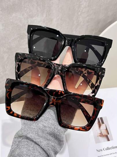 3pcs Women's Plastic Large Frame Bohemian Black Leopard Print Fashion Fashion Glasses Set, Suitable For Daily Use, Accessories Square Shape Shades