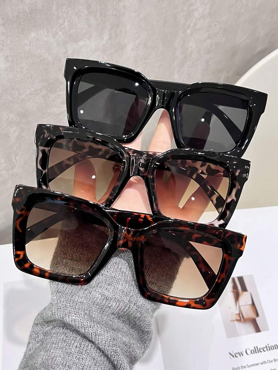 3 Pairs Women's Plastic Large Frame Bohemian Black Leopard Print Fashion Set, Suitable For Daily Wear, Square Frames - Black Leopard Color - 3 Pairs - View 1