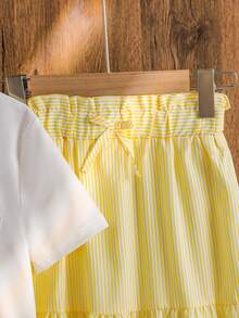 Left Mama Girls Elegant Bowknot Short Sleeve T-Shirt And Midi Skirt Set, Lightweight & Versatile For Daily Wear, Summer - Yellow - View 7