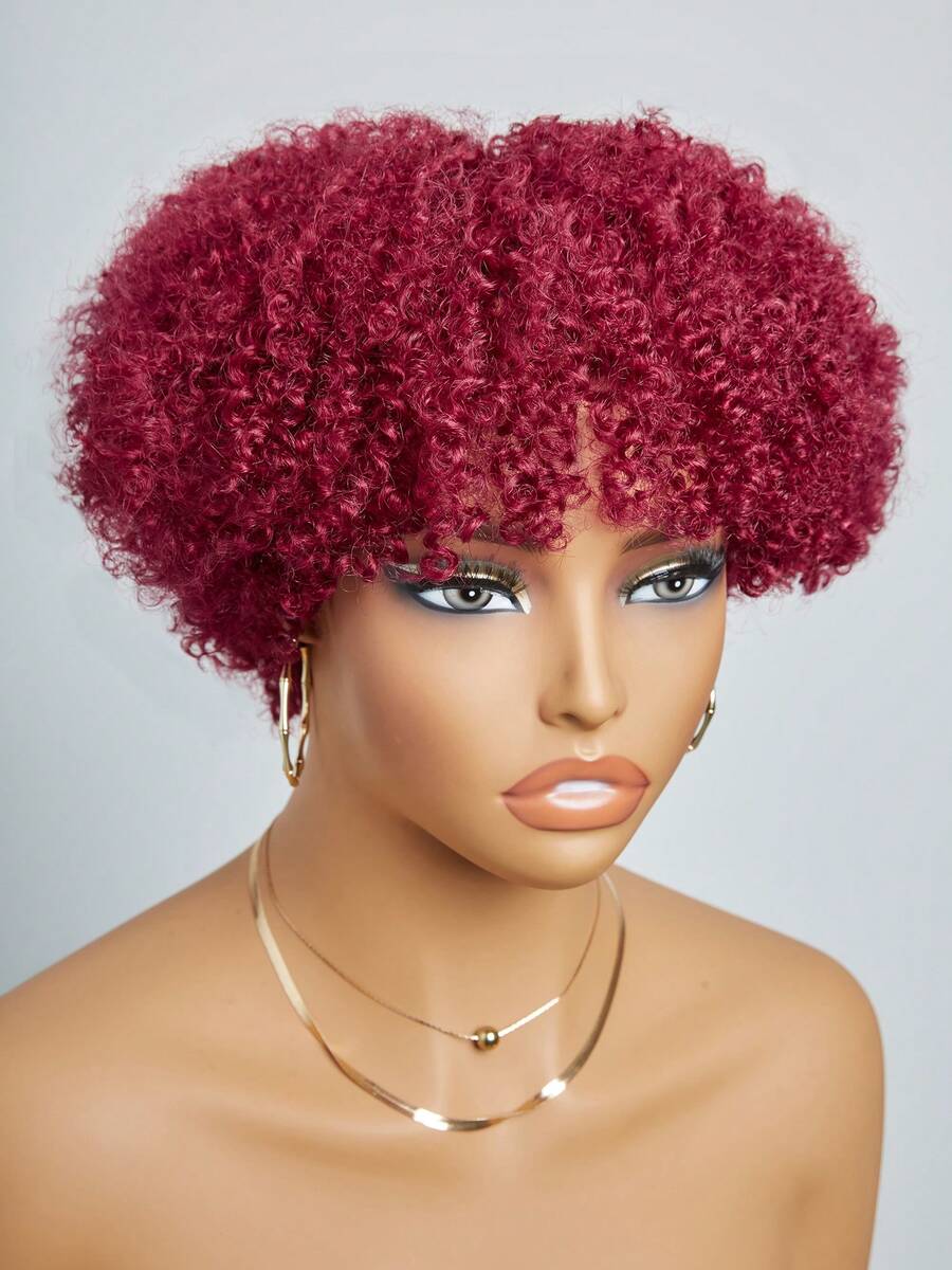 HJ WEAVE BEAUTY Perruques coupe Pixie bordeaux #99J, cheveux humains brésiliens courts, coupe au carré, pour femmes, perruque entièrement bouclée, densité 180 %