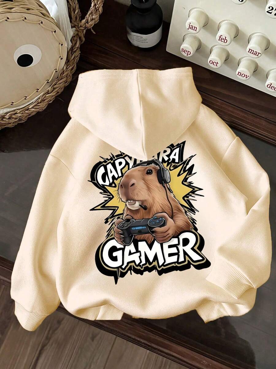 Young Boy Capybara Pattern Warm Sweatshirt - Apricot - View 1