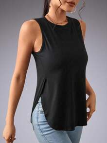 1 pieza Camiseta sin mangas deportiva de verano de talla grande con abertura lateral, color negro - Negro - Ver 3