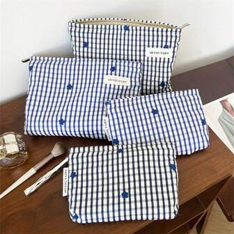 2件套复古日式蓝色格子刺绣花卉化妆包，便携式化妆袋，办公文具文件收纳包，适合用作旅行手提包整理袋