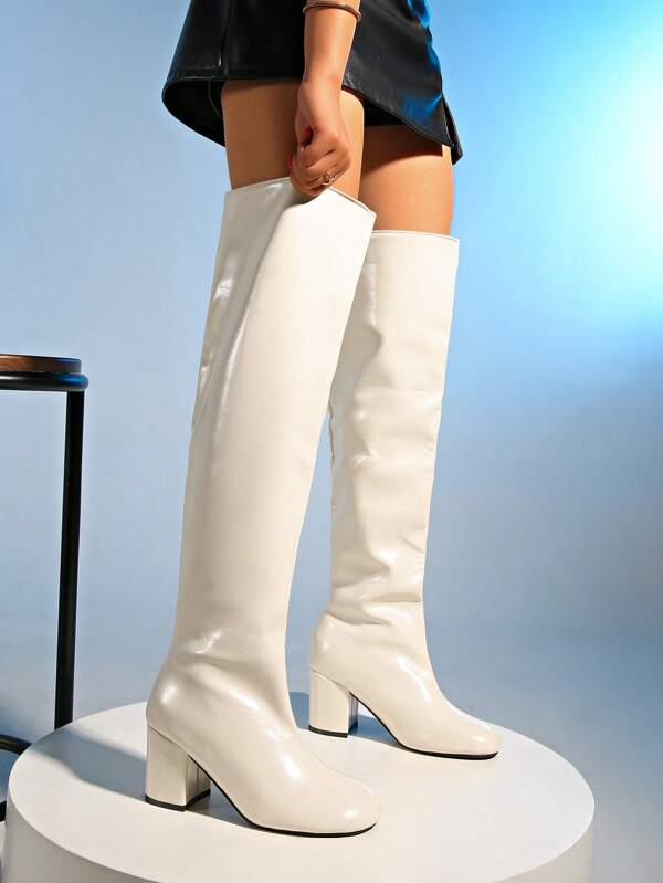 Women's Fashion White PU Material Chunky Heel Boots, Pointed Toe Side Zipper Rubber Sole Stylish Boots