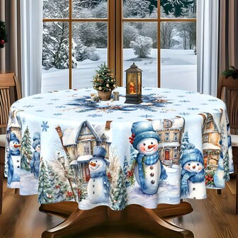 Mantel de poliéster con tema navideño, diámetro redondo de 145 cm (57.08 pulgadas), rectangular de 140x180 cm (55.11 pulgadas x 70.87 pulgadas), mantel/cubierta de mesa navideña, diseño de muñeco de nieve y paisaje nevado azul de Navidad, diseño "Feliz Navidad", adecuado para restaurantes, decoración del hogar y celebraciones de fin de año