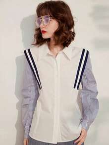 女士秋季服装，法式撞色长袖条纹衬衫，时尚优雅拼接长袖上衣，女士万圣节服装，女士办公室着装长袖秋季衬衫 - 彩色 - 查看 9