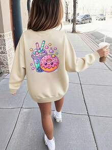 1 Peça Moletom Casual Estampado com Gola Careca para Meninas, Top de Manga Longa para Estudantes, Outono/Inverno - Damasco - Visão 1