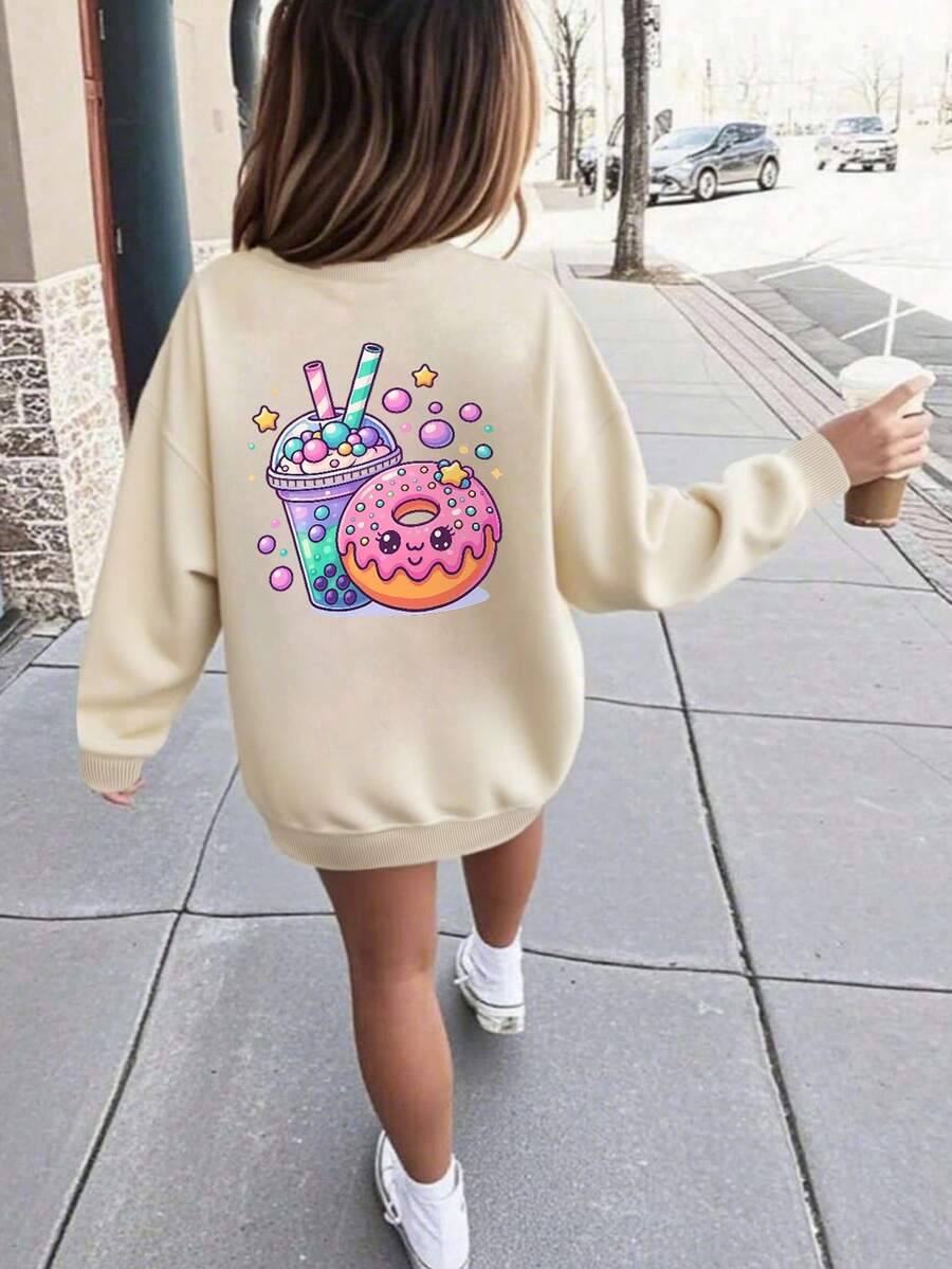 1 Peça Moletom Casual Estampado com Gola Careca para Meninas, Top de Manga Longa para Estudantes, Outono/Inverno - Damasco - Visão 1