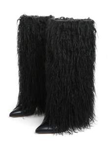 Y2k Style Women's Chic Pointed Toe Knee High Boots Fluffy Fur Chunky Heel Nightclub Party Club Shoes - 黑色 - 查看 6