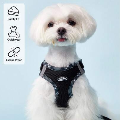 PETSIN 透氣反光格子邊胸背帶套裝，適用於小型犬，包括一條牽繩，適用於室內和室外的貓狗