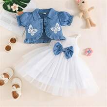 Girl Summer Outfits Tulle Dress Sleeveless And Puff Sleeve Girl Clothes Set