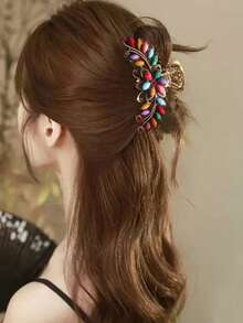 1pc Oversized Vintage Palace Style Hair Clip, Women's Daily Braided Hair Accessory, Matching Cheongsam And Hanfu, Blue Sapphire Imitation Green Alloy Hair Clip Decorated With Colorful Crystals, Retro European And American Style, Oversized Design, Suitable For New Year, Holidays, Birthday Gifts And Daily Elegant Attire, Holiday Accessories, European And American Style Hair Accessories, Women's Claw Clip, Autumn Accessories, Floral Hair Claw, Autumn/Winter Holiday Attire. Flower Hair Clip - Multicolor - View 2