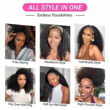 Half Wig Human Hair Kinky Curly 3 In 1 Wigs Beginner Friendly Flip Over Drawstring Glueless Wig Kinky Curly Ready To Go Clip In Wigs Natural Color For Women - Natural Black - 查看 10