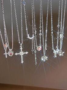 9/8pcs Fashionable Y2K Style Exquisite Cute Design Vintage Multi-Piece Stackable Colorful Crystal Bling Bling Cross, Heart, Star, Moon, Butterfly Wing, Bow Pendant Multilayer Necklace Set, Suitable For Holiday, Party, Date, Gift, Daily Wear - Silver - View 3