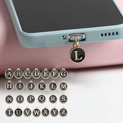 1pc Dust Plug Black Pendant With 26 English Initial Letters On Both Sides, Alphabet Phone Dust Plug Charging Port Dust Plug Compatible With Apple Interface Type-C Dust Plug