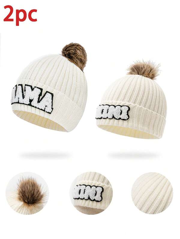 1 pieza/2 piezas Gorro de punto con bordado de letra abrigado y a prueba de viento para niños en otoño/invierno, gorros a juego para padres e hijos para uso diario y al aire libre