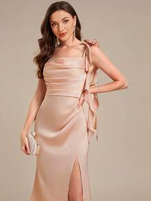 Đầm midi satin họa tiết hoa, thích hợp cho đám cưới, sinh nhật, tiệc tối và các dịp khác. - Màu Hồng baby - Xem 2