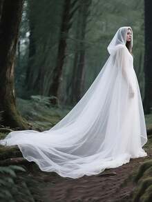 女士薄纱连帽长拖尾斗篷，精灵斗篷，适合万圣节、婚礼、角色扮演，黑/白/红新娘超长柔软网纱斗篷，万圣节女巫吸血鬼角色扮演斗篷，秋季女士服装，优雅，派对 - 彩色 - 查看 8