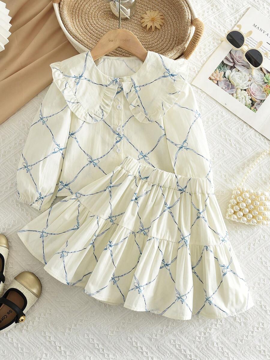 2pcs Girl's Set: Bow Print Smock Collar Long Sleeve Top + Skirt - Dusty Blue - View 1