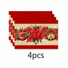 1/2/4pcs Christmas Theme Placemats, Christmas Wreath Placemats With Red Floral, Bell, Christmas Ball Patterns, Polyester Placemats, 30x45CM, Suitable For Christmas Holiday Table Decor, Christmas Party Supplies - Multicolor - View 11